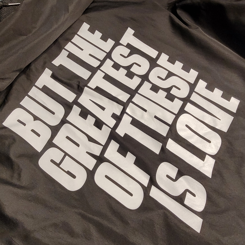 But The Greatest Of These Is Love Windbreaker Hoodie Unisex XL Black & White - Picture 16 of 16